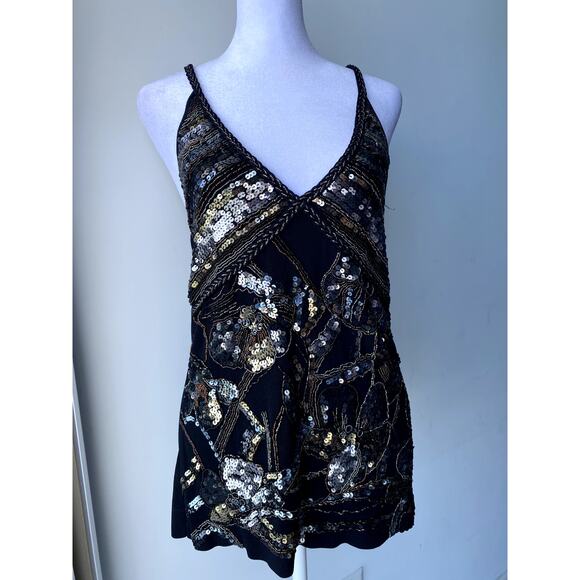 Black Sequin Beaded V-Neck Perni Vintage Halter Neck Top Boho Y2k - Picture 5 of 6